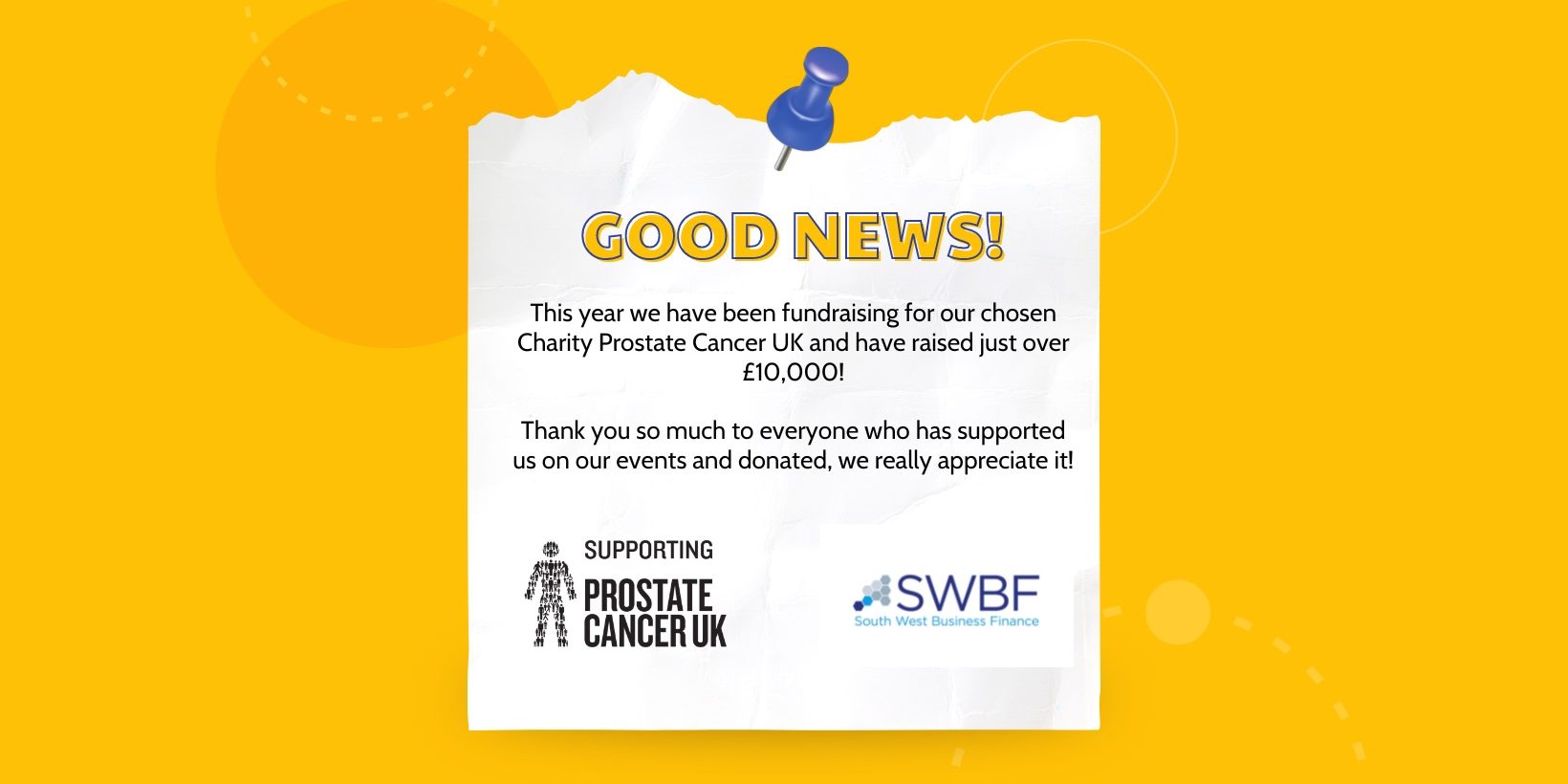 An image of a post it note with the wording Good News and the Prostate Cancer UK and SWBF logos